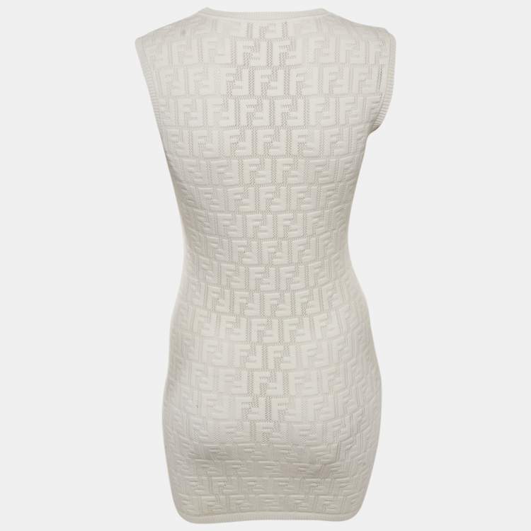 Pre Owned Fendi White FF Jacquard Knit Sleeveless Mini Dress M