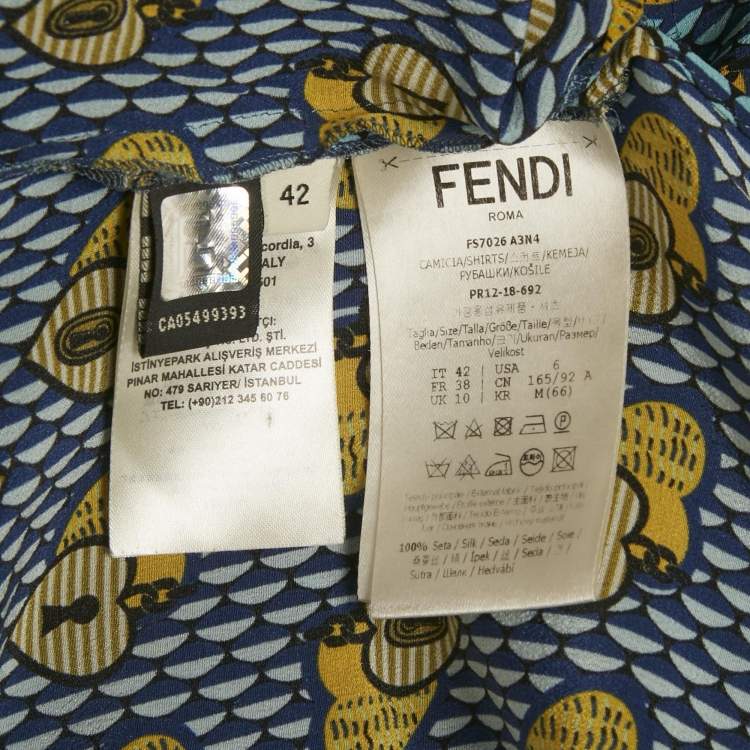 Pre Owned Fendi Blue heart Lock Printed Silk Neck Tie Detail Top M