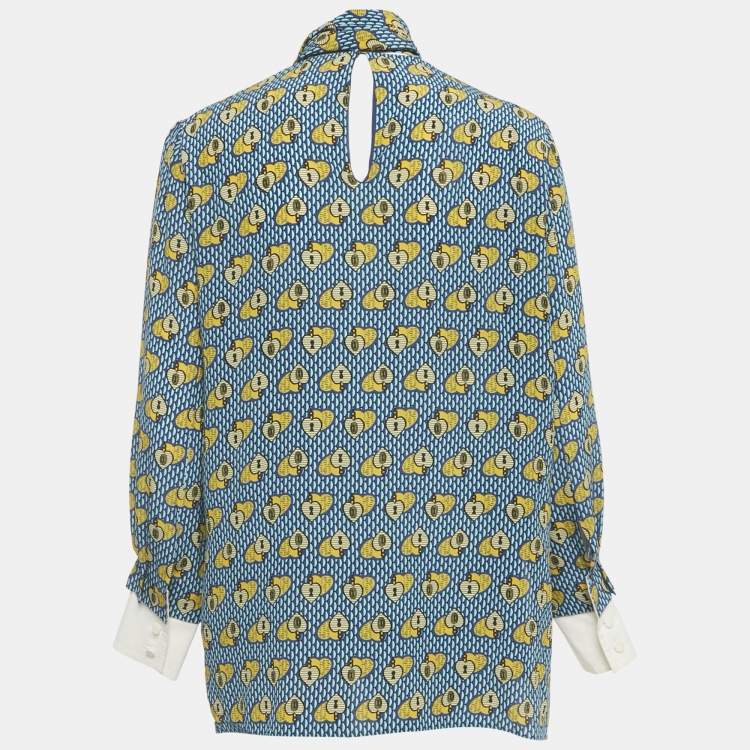 Pre Owned Fendi Blue heart Lock Printed Silk Neck Tie Detail Top M