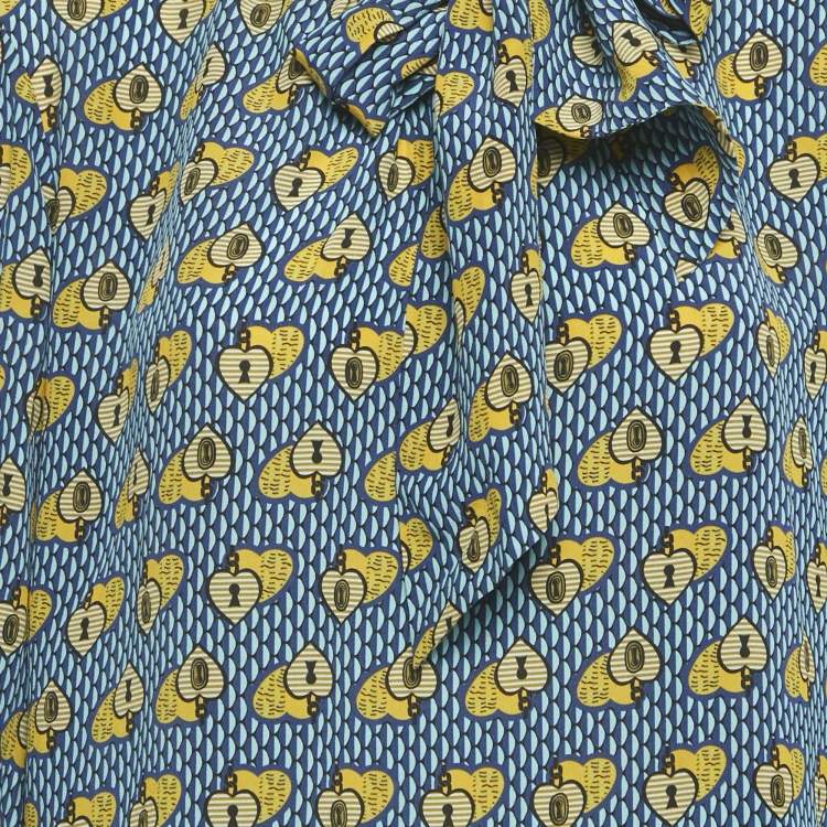 Pre Owned Fendi Blue heart Lock Printed Silk Neck Tie Detail Top M