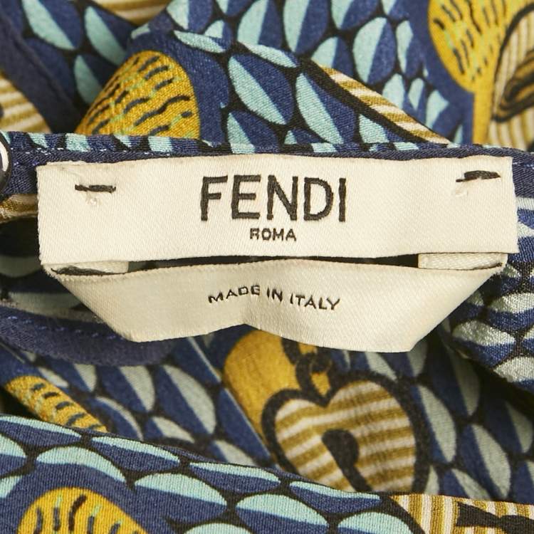 Pre Owned Fendi Blue heart Lock Printed Silk Neck Tie Detail Top M