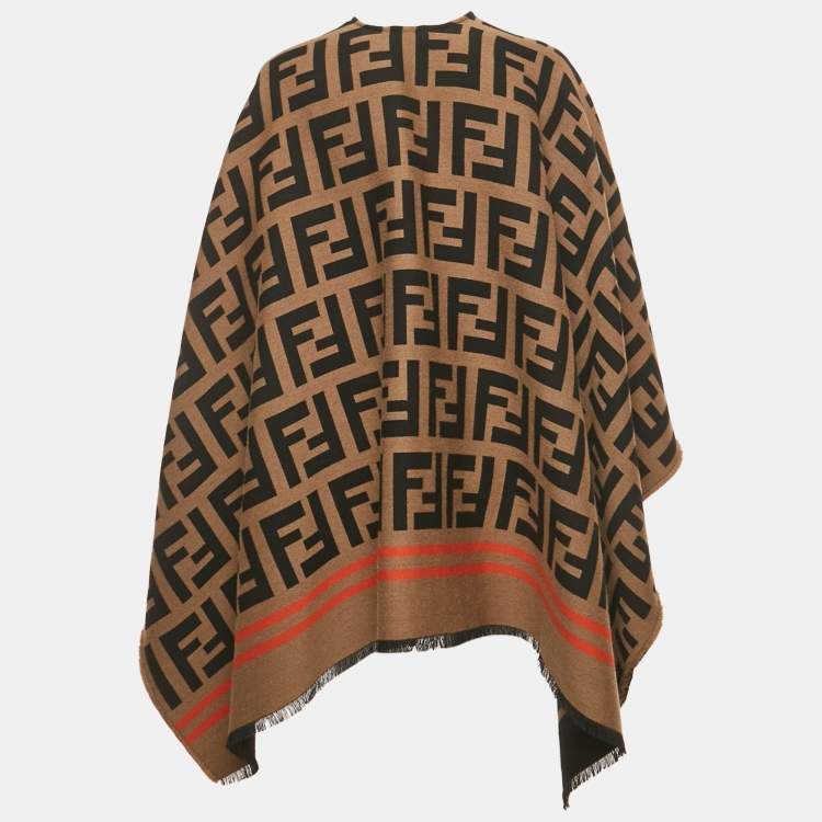 Pre Owned Fendi Brown Zucca Jacquard Wool Poncho One Size 