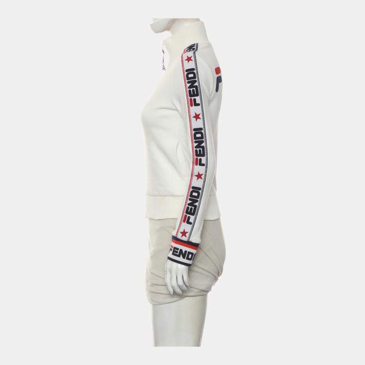 Pre Owned Fendi White Logo Ribbon Trim Zip-Up Jacket S