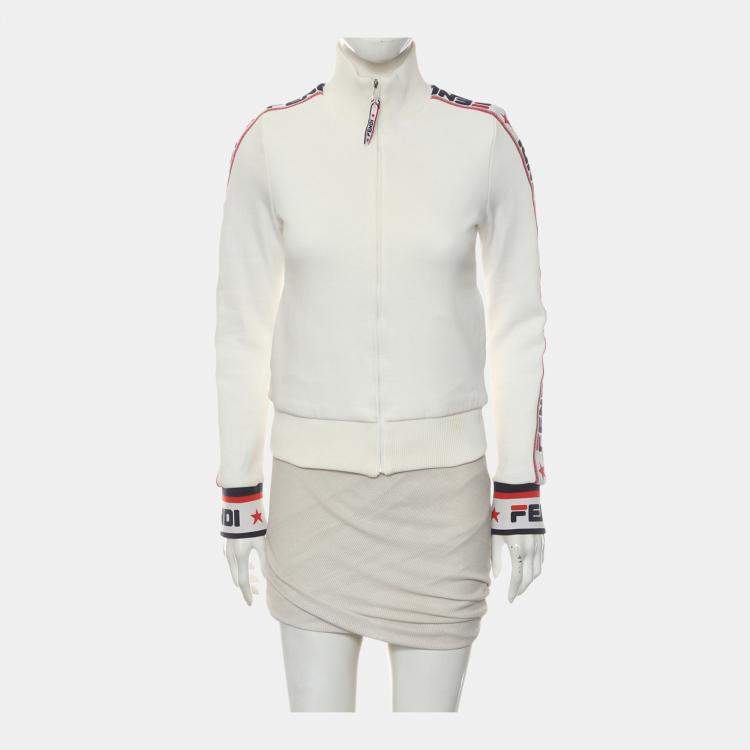 Pre Owned Fendi White Logo Ribbon Trim Zip-Up Jacket S