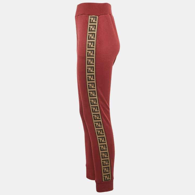 Pre Owned Fendi Red FF Logo Band Detail Jersey Jogger Pants S  