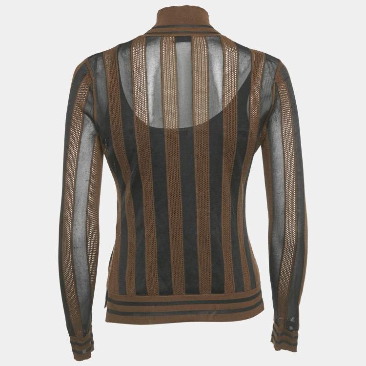Pre Owned Fendi Brown/Black Striped Knit Turtle Neck Top S