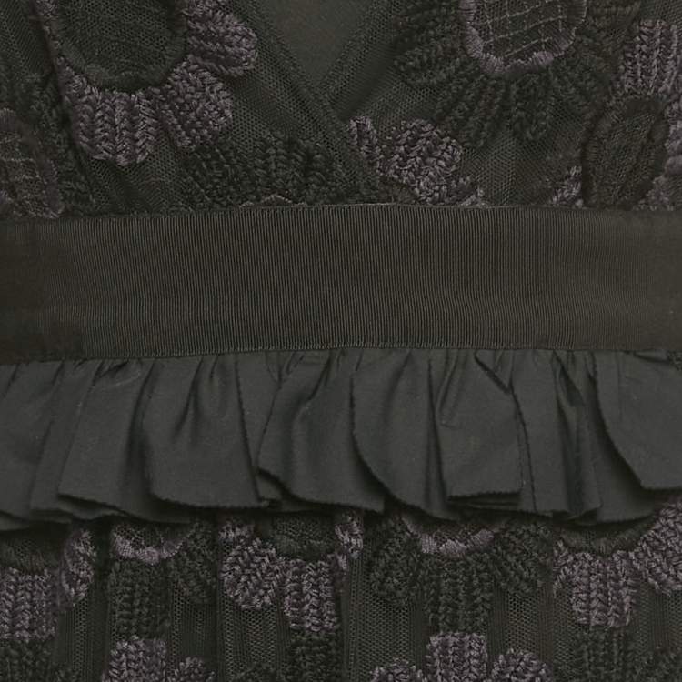 Pre Owned Fendi Black Floral Embroidered Mesh & Silk Maxi Dress S 