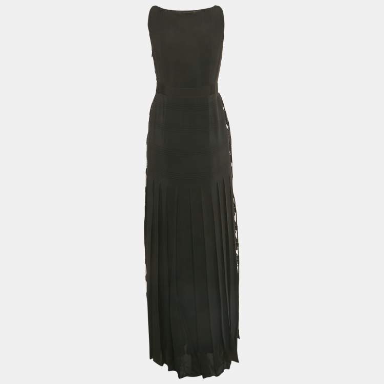 Pre Owned Fendi Black Floral Embroidered Mesh & Silk Maxi Dress S 