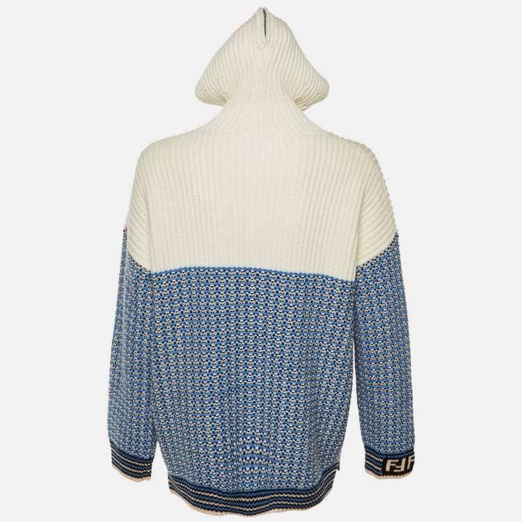 Pre Owned Fendi Blue Wool & Cashmere Knit Hooded Pullover S