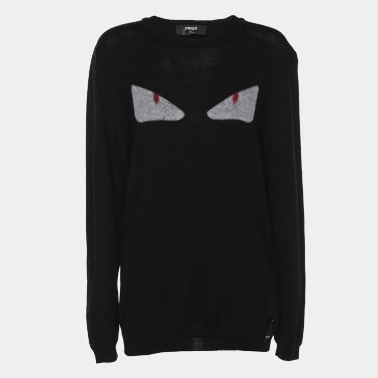 Pre Owned Fendi Black Wool Monster Eye Applique Detail Sweatshirt L