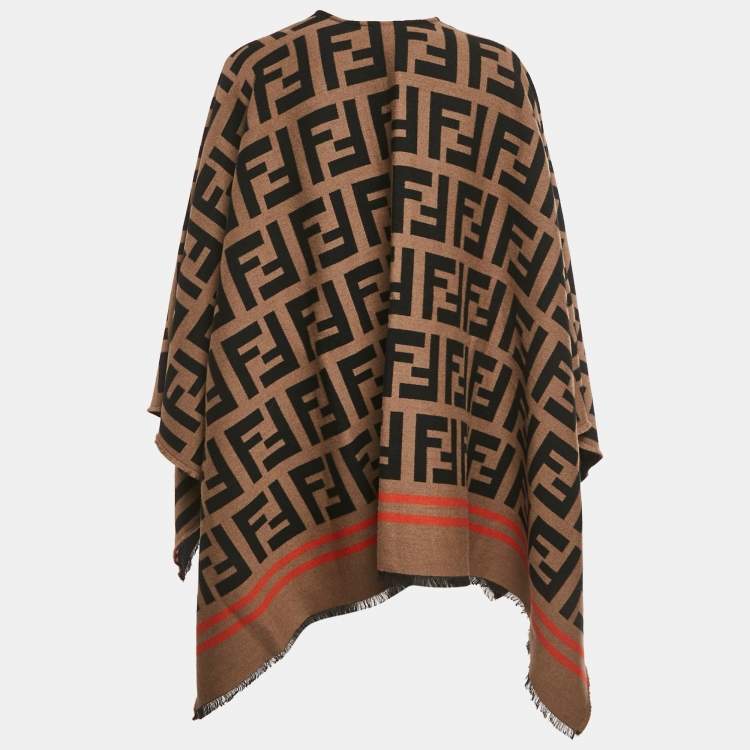 Pre Owned Fendi Brown FF Logo Wool Poncho One Size 