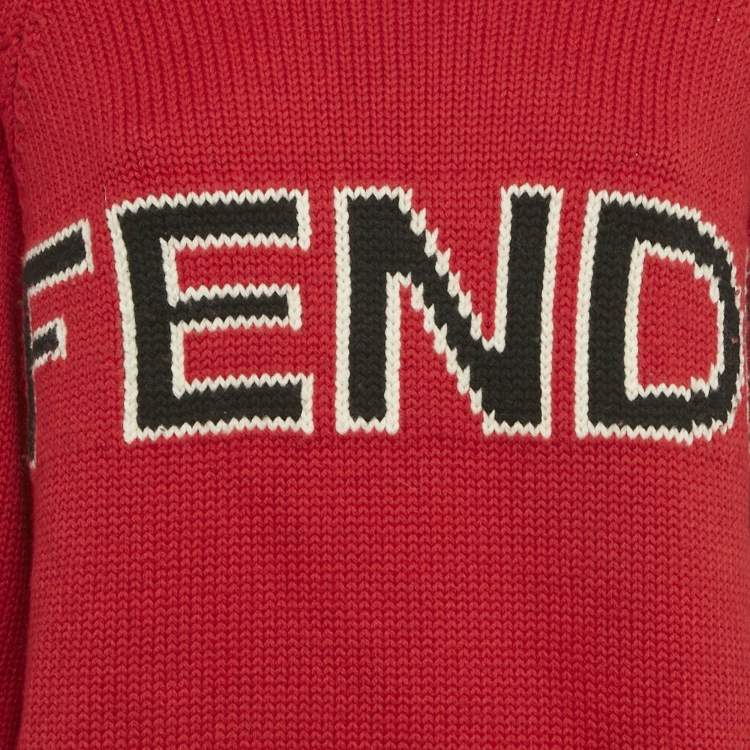 Pre Owned Fendi Red Logo Intarsia Wool Knit Turtle Neck Sweater S