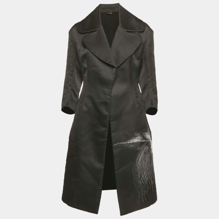 Pre Owned Fendi Black Floral Patterned Wool Blend Open Front Coat S