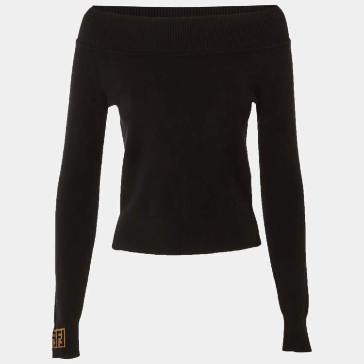 مملوكة مسبقًا Fendi Black Knit Zucca Detail Off Shoulder Sweater S