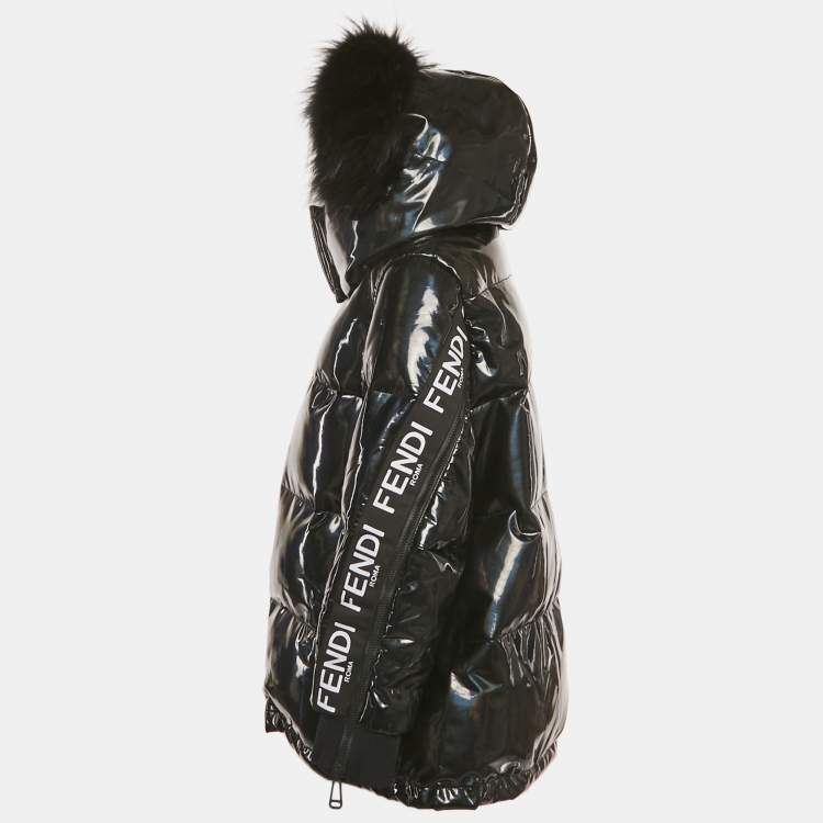 Pre Owned Fendi Black Holographic Synthetic Quilted Down Detachable Fur Jacket S