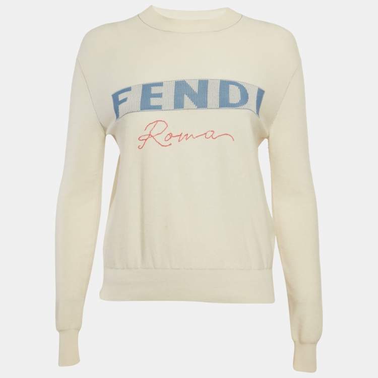 Pre Owned Fendi Cream Printed Cashmere Crewneck Sweatshirt S