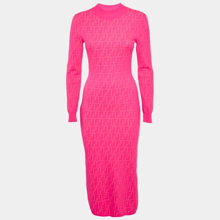 Pre Owned Fendi Fluorescent Pink FF Stretch Knit Bodycon Dress S