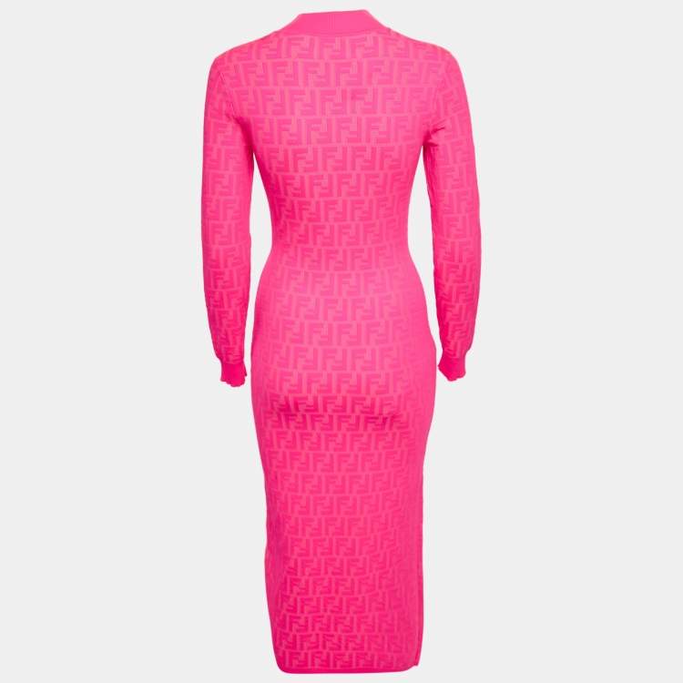 Pre Owned Fendi Fluorescent Pink FF Stretch Knit Bodycon Dress S