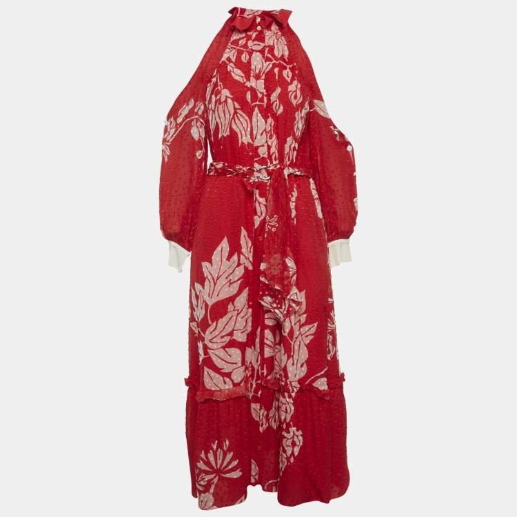 Pre Owned Fendi Red Floral Print Brocade Mock Neck Maxi Dress S