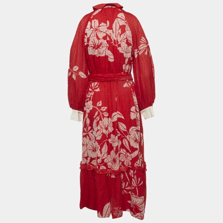 Pre Owned Fendi Red Floral Print Brocade Mock Neck Maxi Dress S