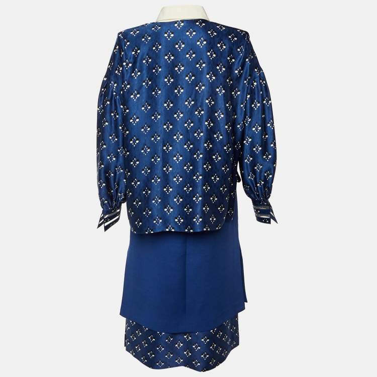 Pre Owned Fendi Navy Blue Printed Silk Blend Top & Skirt Set S/M