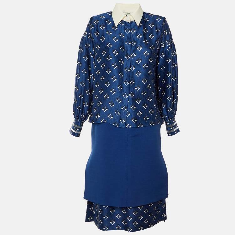 Pre Owned Fendi Navy Blue Printed Silk Blend Top & Skirt Set S/M