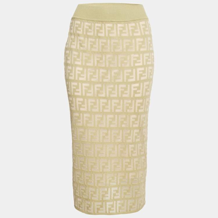Pre Owned Fendi Green/Cream FF Stretch Knit Pencil Skirt M