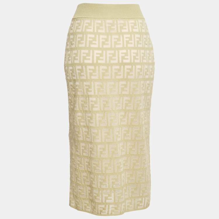 Pre Owned Fendi Green/Cream FF Stretch Knit Pencil Skirt M