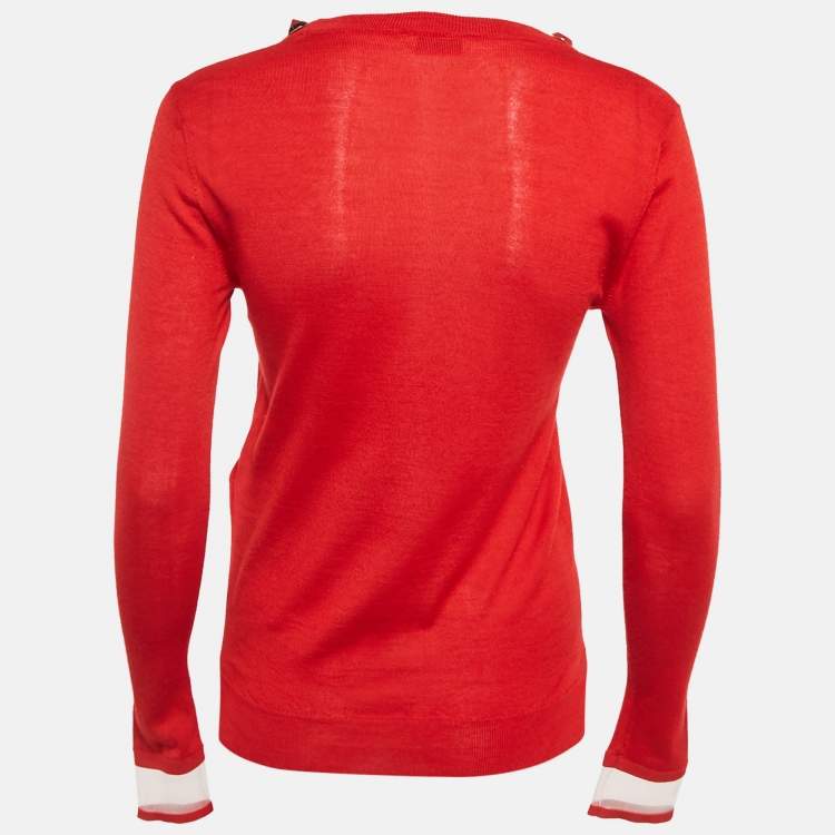 Pre Owned Fendi Red Cashmere Neck Embellished Jumper S