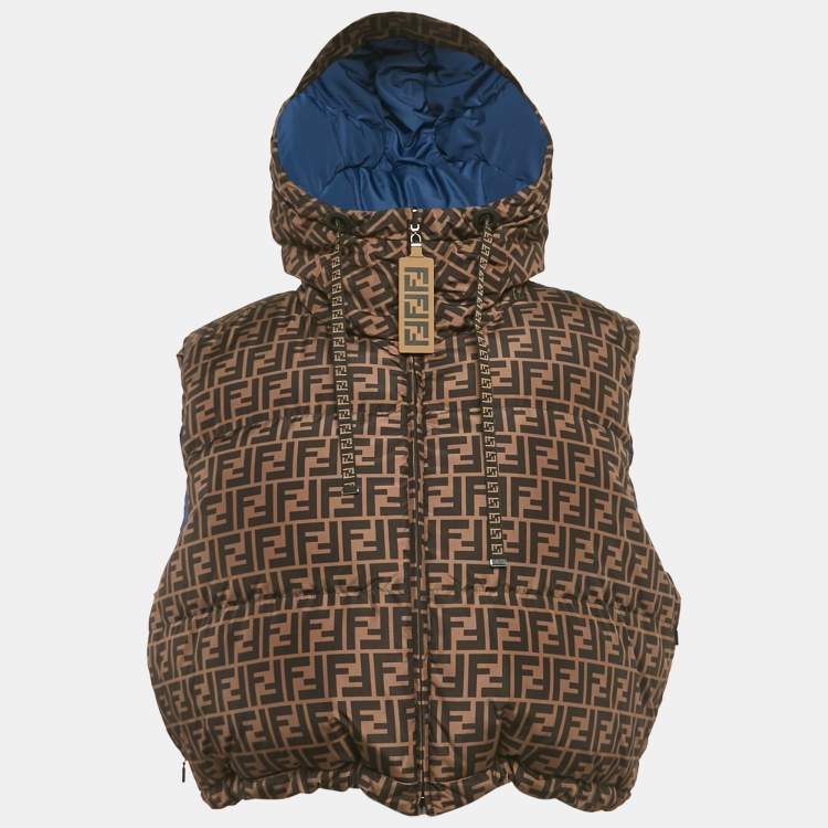 Pre Owned Fendi Brown/Blue FF Zucca Pattern Synthetic Reversible Biker Jacket M