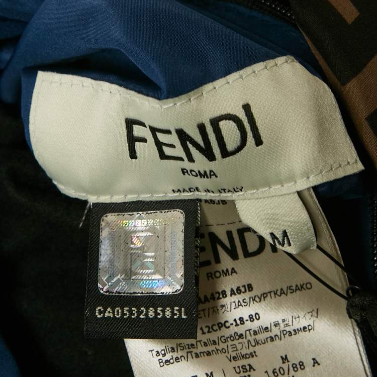 Pre Owned Fendi Brown/Blue FF Zucca Pattern Synthetic Reversible Biker Jacket M
