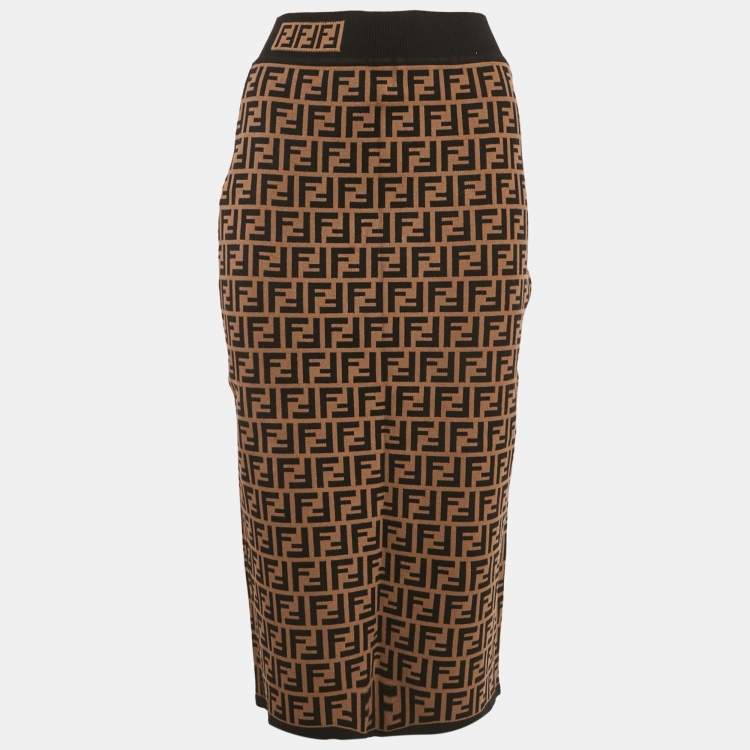 Pre Owned Fendi Brown Zucca Monogram Knit Midi Skirt M