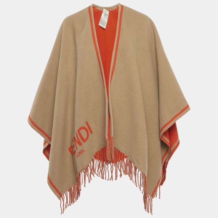 Pre Owned Fendi Brown/Orange Cashmere Fringed Poncho One Size 