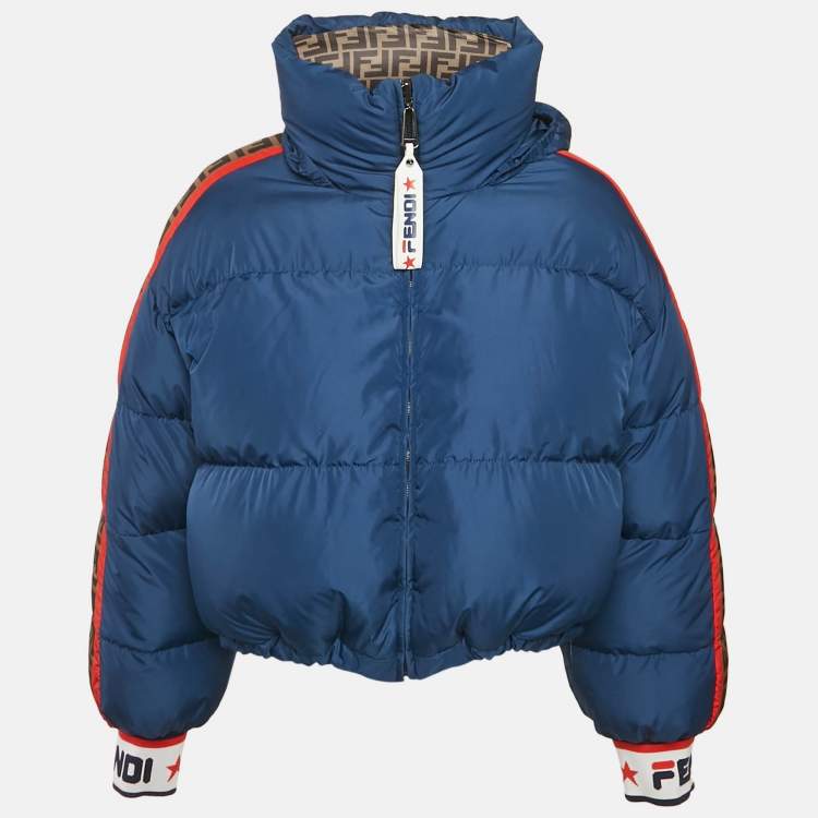 Pre Owned Fendi x Fila Blue/Brown Zucca Print Synthetic Reversible Down Jacket M
