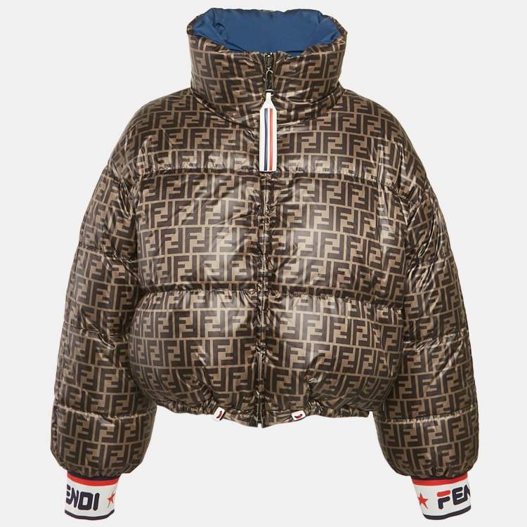 Pre Owned Fendi x Fila Blue/Brown Zucca Print Synthetic Reversible Down Jacket M