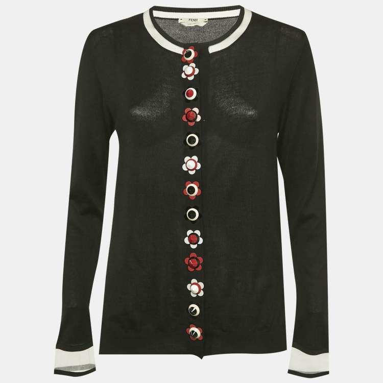 Pre Owned Fendi Black Cashmere Knit Floral Detail Cardigan M