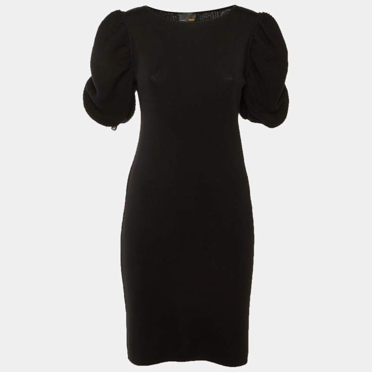 Pre Owned Fendi Black Merino Wool Puff Sleeve Knee Length Dress M