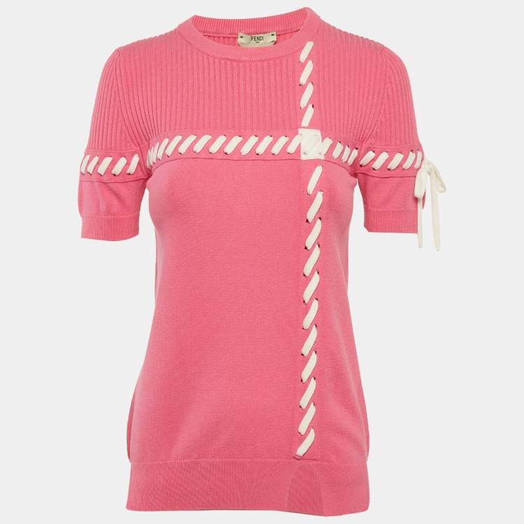 Pre Owned Fendi Pink Rib Knit Lace-Up Top S