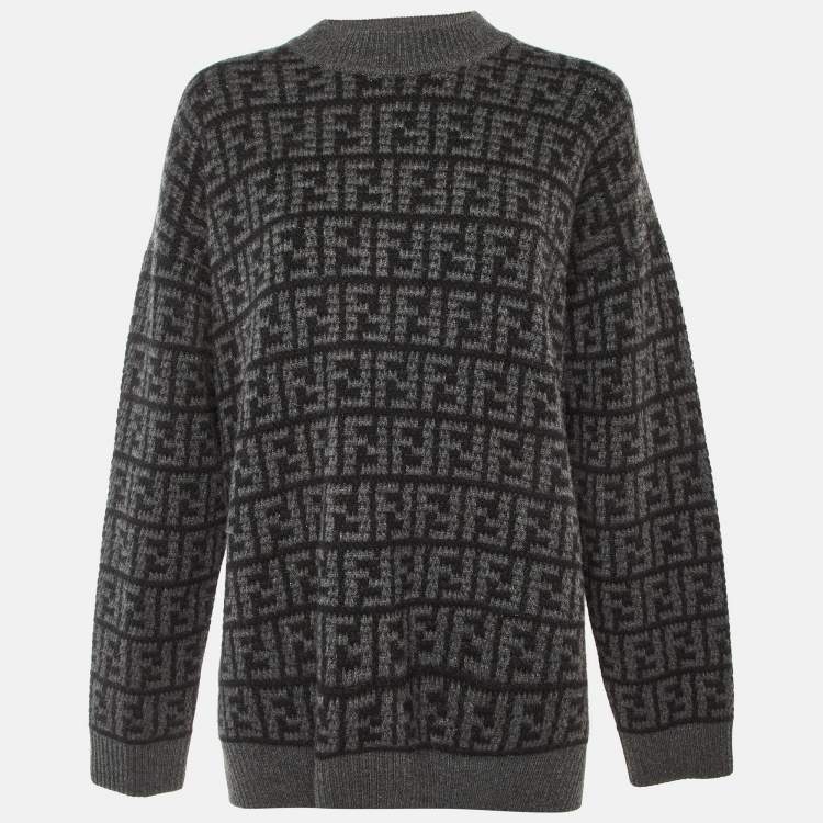 Pre Owned Fendi Grey/Black FF Monogram Cashmere Mock Neck Pullover M