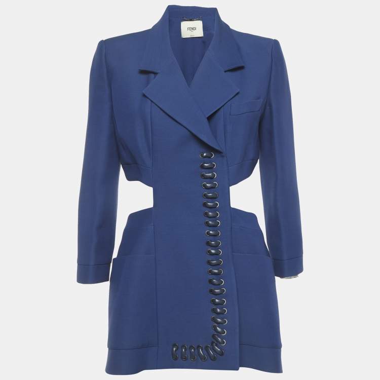 Pre Owned Fendi Blue Silk Blend Waist Cut-Out Jacket Dress M