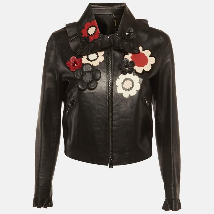 Pre Owned Fendi Black Floral Embellished Leather Biker Jacket M