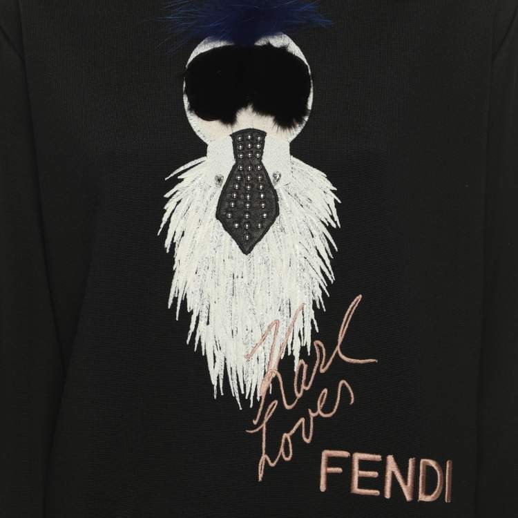 Pre Owned Fendi Black Jersey Mink Fur Trim Karlito Sweatshirt S