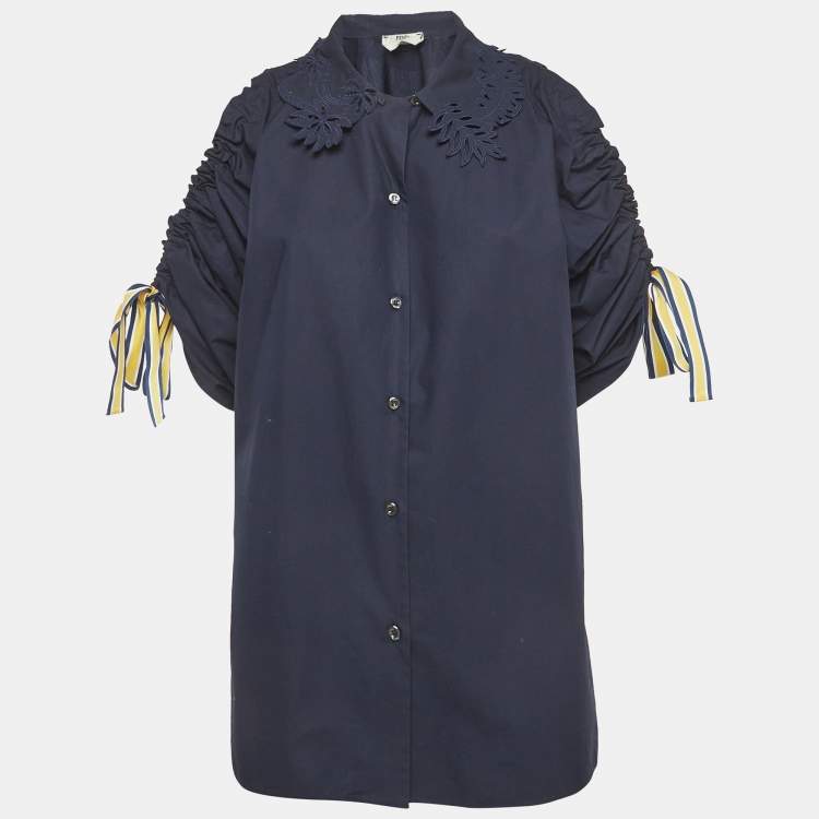 Pre Owned Fendi Navy Blue Cotton Scrunched Sleeves Shirt M