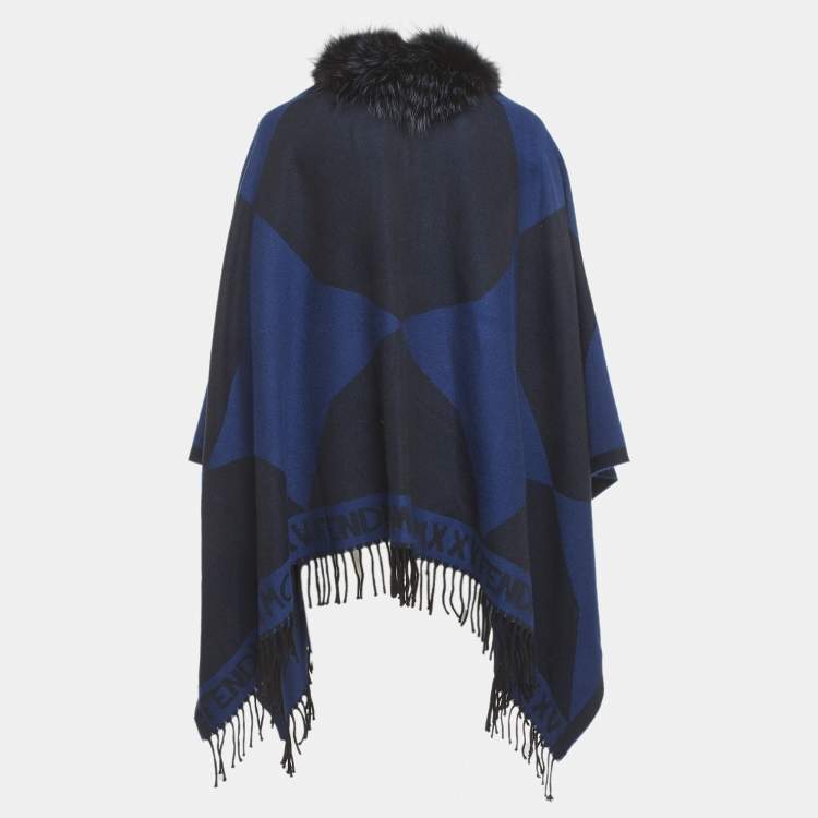Pre Owned Fendi Blue Real Fur Trim Cotton Poncho One Size 