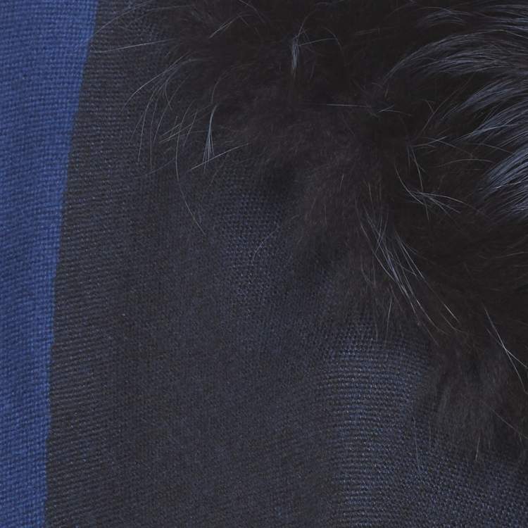 Pre Owned Fendi Blue Real Fur Trim Cotton Poncho One Size 