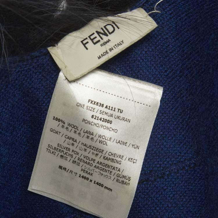 Pre Owned Fendi Blue Real Fur Trim Cotton Poncho One Size 
