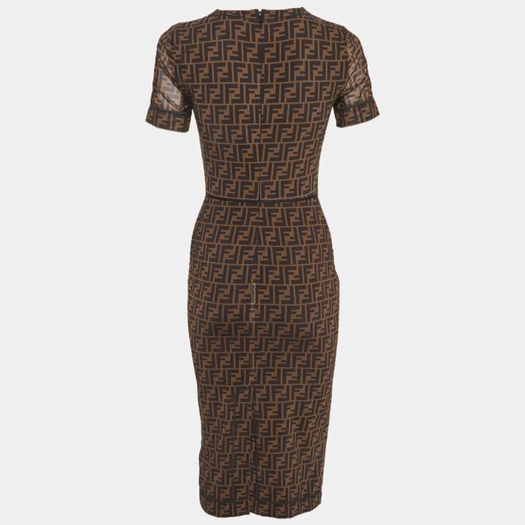 Pre Owned Fendi Brown FF Stretch Mesh Midi Dress S