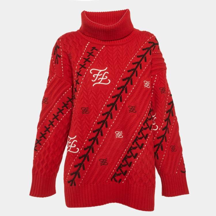 Pre Owned Fendi Red FF Intarsia Wool Turtle Neck Sweater S