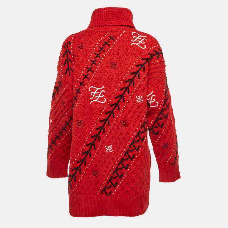 Pre Owned Fendi Red FF Intarsia Wool Turtle Neck Sweater S