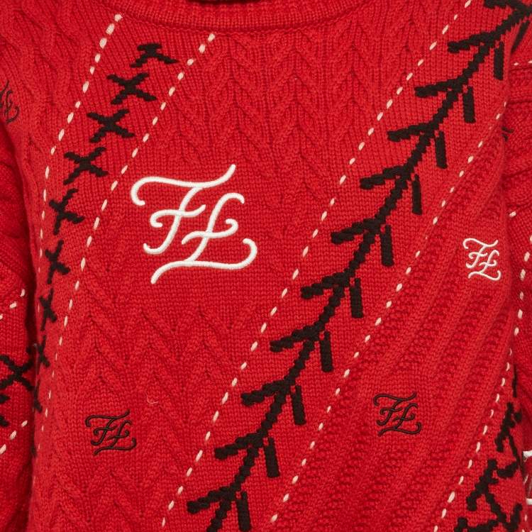 Pre Owned Fendi Red FF Intarsia Wool Turtle Neck Sweater S